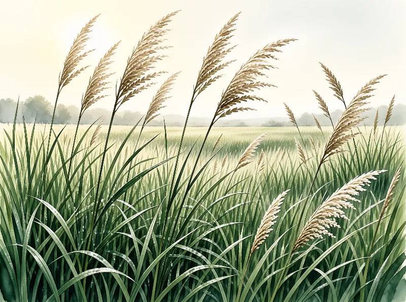 Watercolor reeds with wheat colored plumes lean over a green meadow beneath a soft cream sky