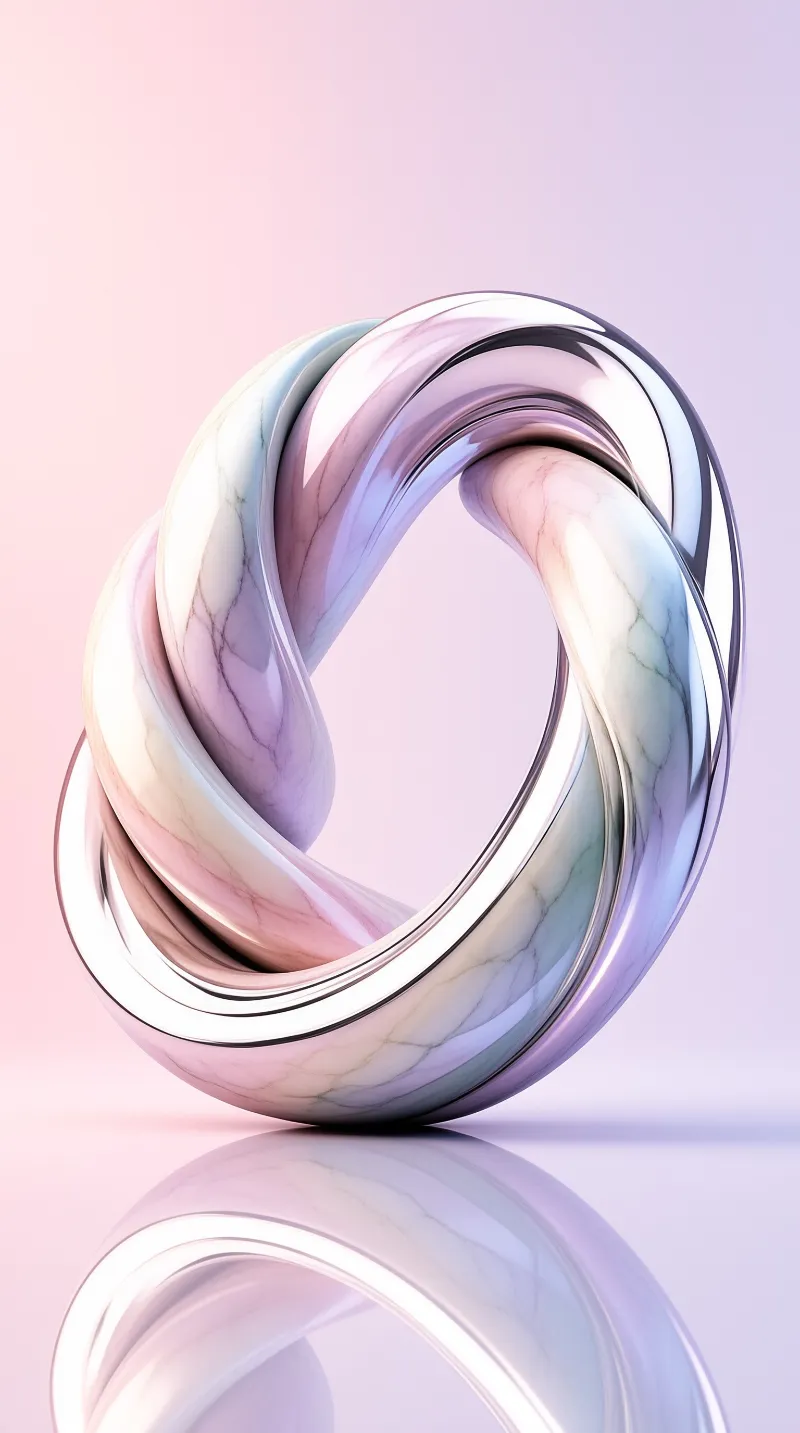 A glossy twisted ring with pastel pearlescent gradients and marble veining rests on a mirror-like platform.