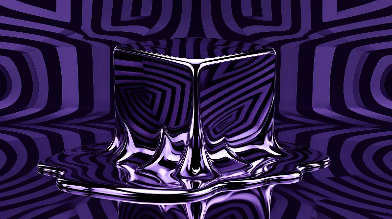 A reflective purple liquid structure spreads across a floor marked with intricate labyrinthine designs.