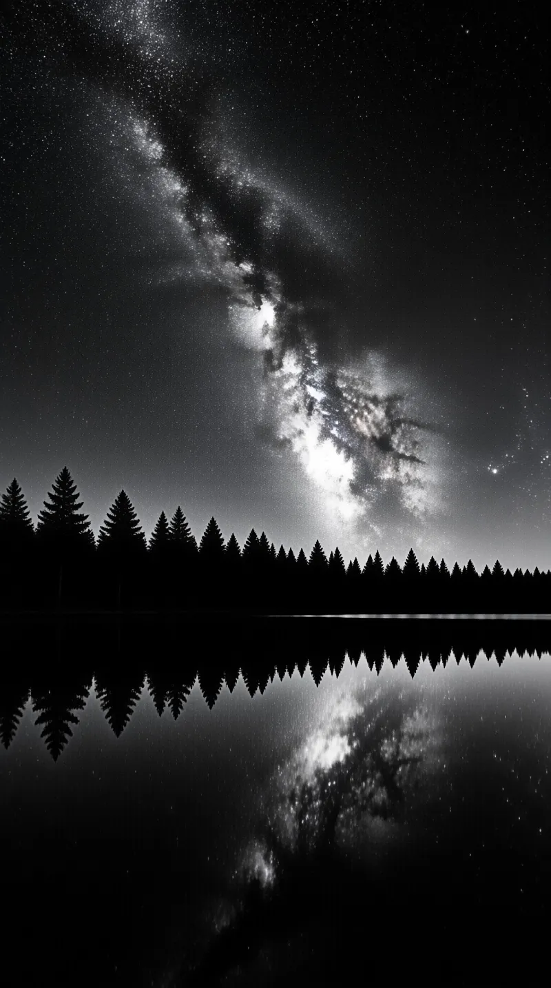 The Milky Way stretches across a starry sky above a silhouetted forest and a calm lake surface.