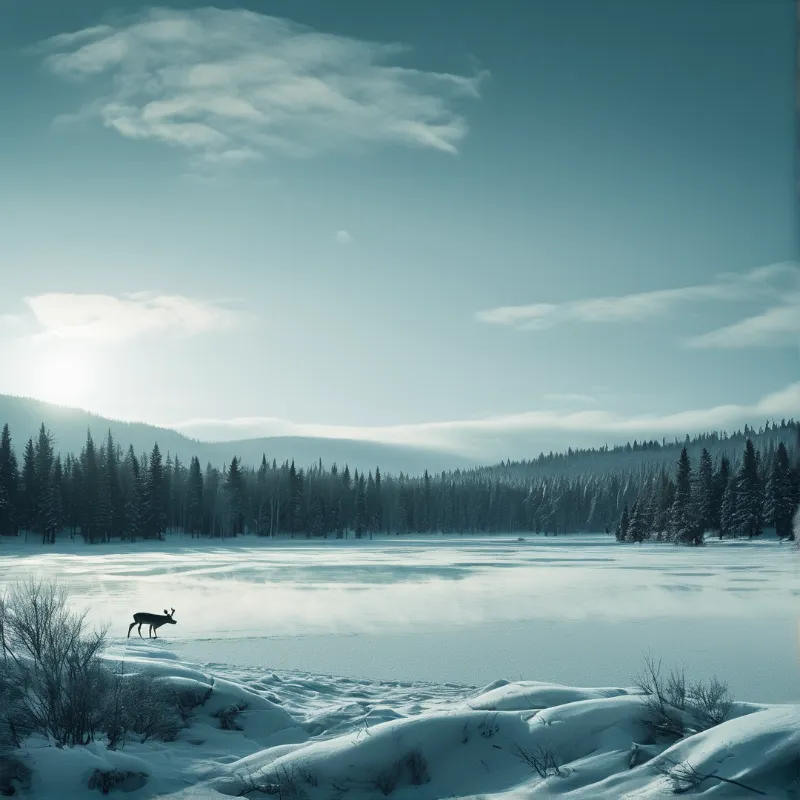 A single reindeer walks along the edge of a frozen lake bordered by snow covered evergreen forest under soft low winter sunlight.