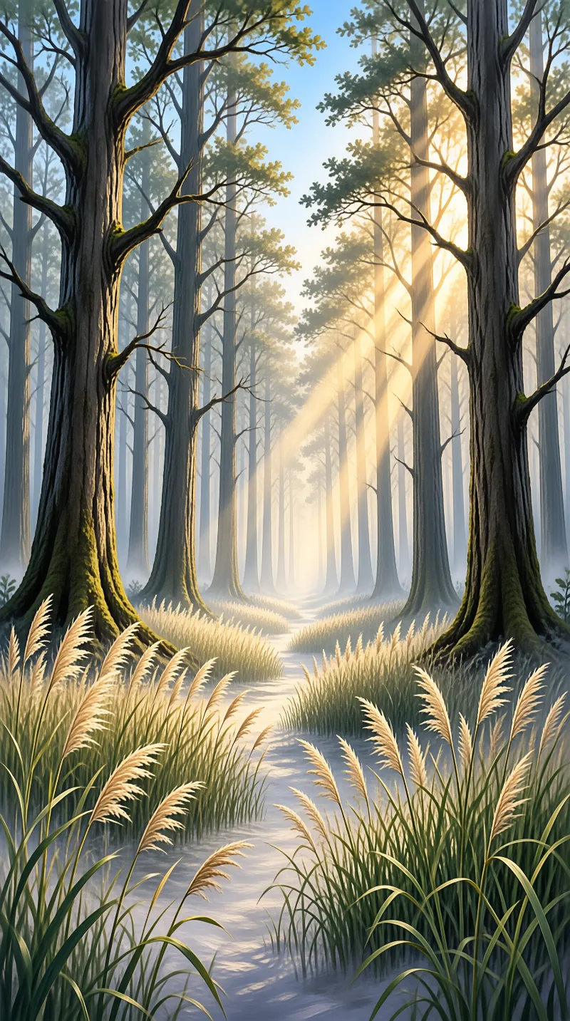 Tall tree trunks frame a misty path while golden sunlight filters down through the upper branches.