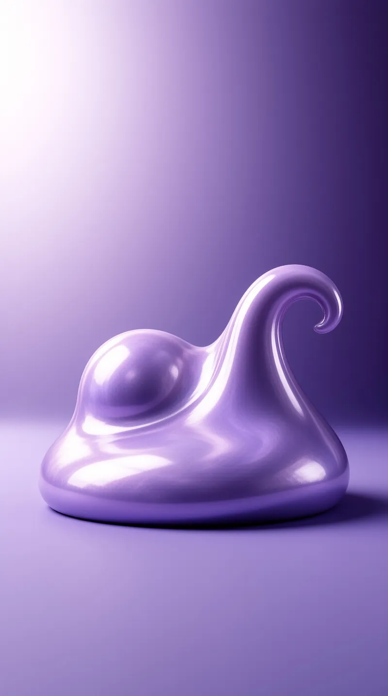 A glossy lavender abstract shape rests on a flat surface against a purple gradient background.