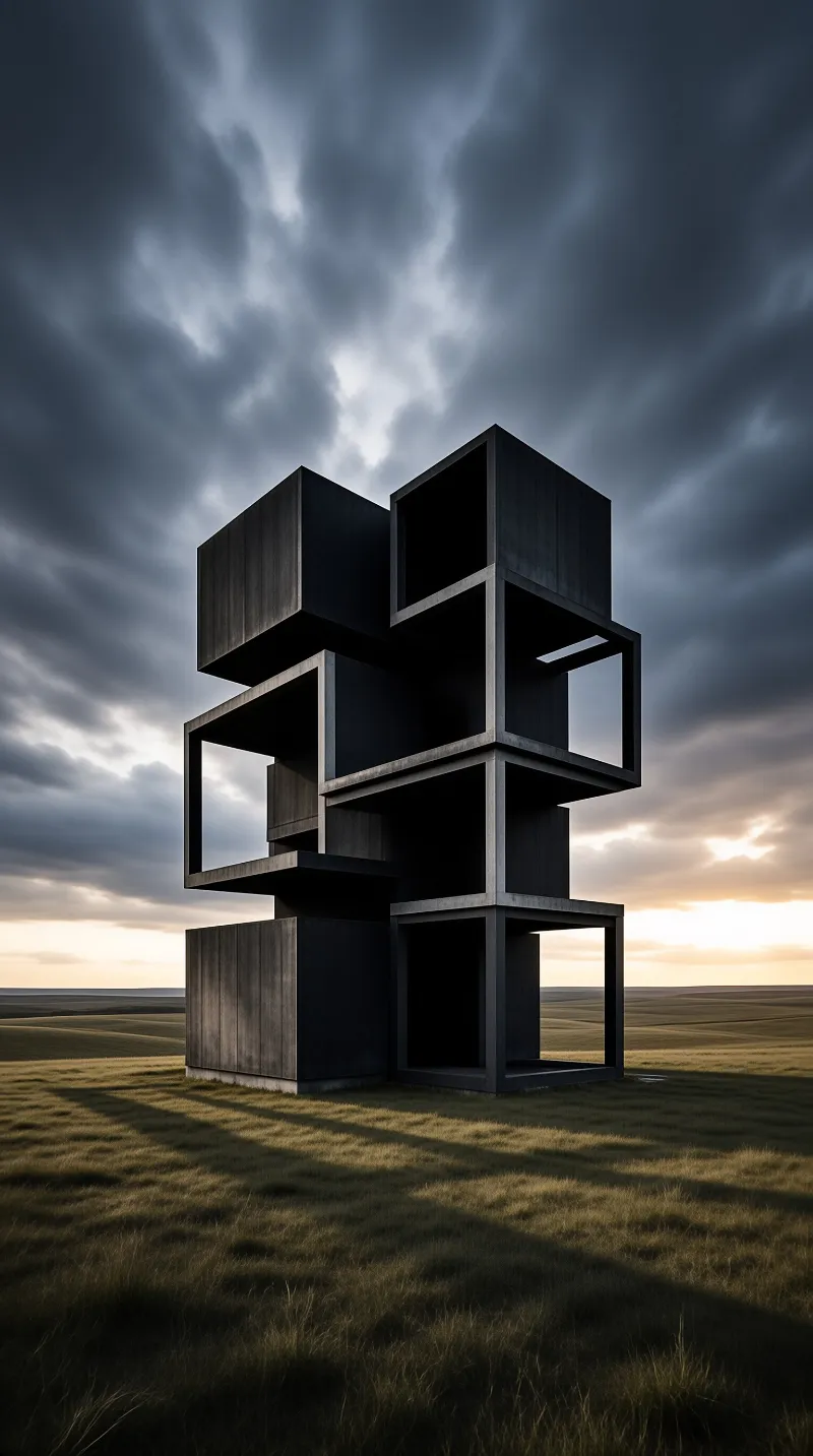 A tall dark geometric sculpture stands isolated on a golden grassy field beneath a turbulent sky.