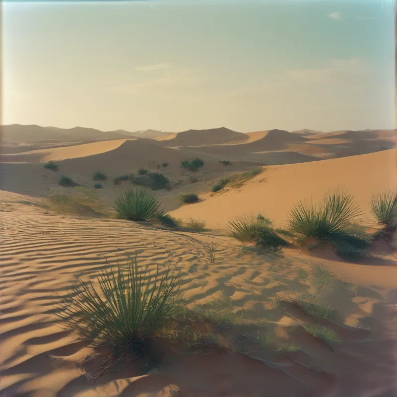 Rippled orange sand dunes dotted with spiky green desert plants under a hazy pale blue sky