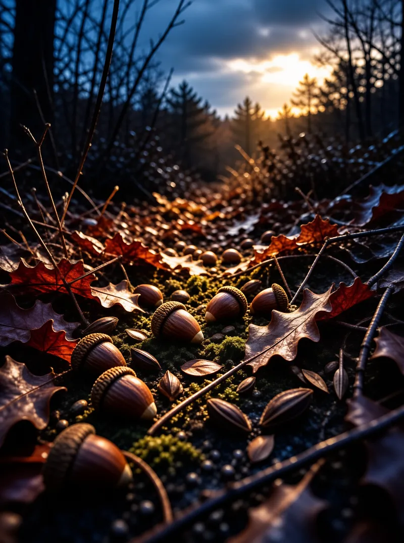 Scattered acorns rest on dark moss among dried oak leaves under the warm glow of a low winter sun.
