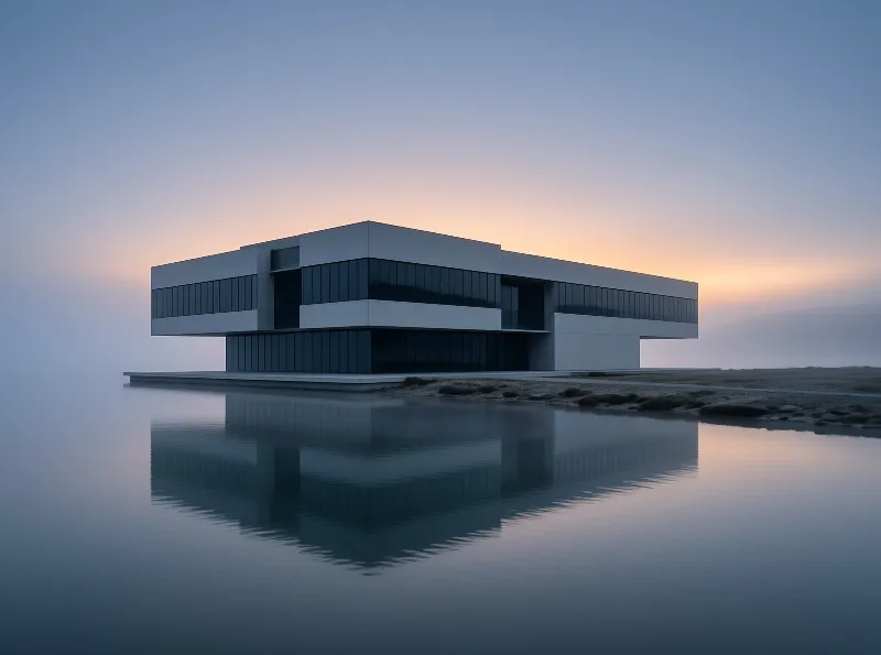 Low geometric glass and concrete building sits beside glassy reflective water under soft dusk gradient sky.