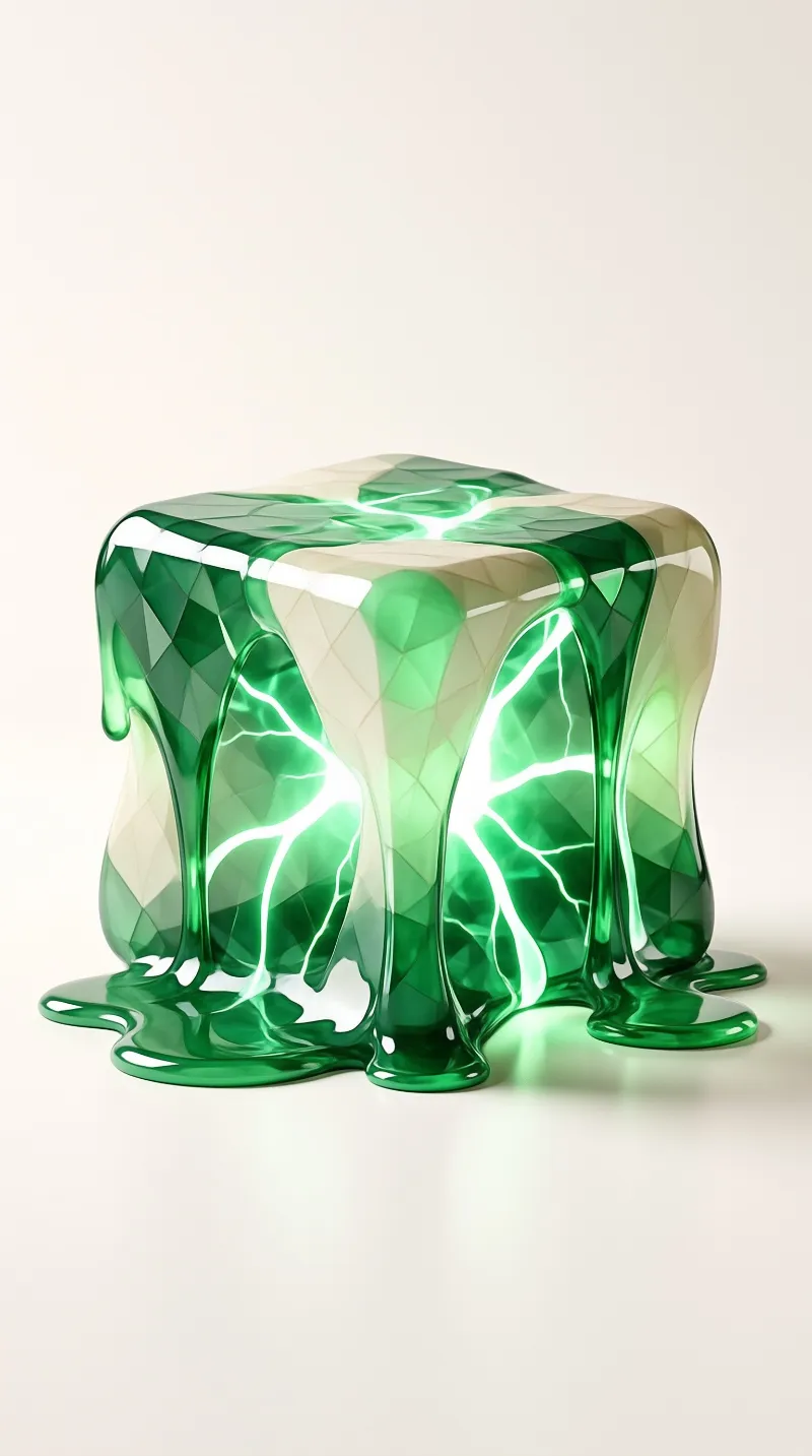 A translucent faceted green glass stool partially melts and spreads across a smooth pale off-white seamless background with soft even lighting.