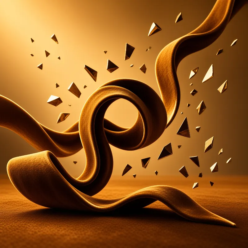 A twisting golden ribbon curves dynamically amidst floating sharp pyramids on a sandy surface illuminated by warm directional sunlight.