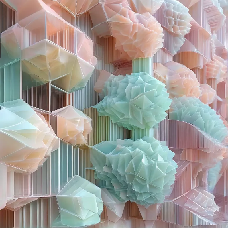Layered abstract shapes resembling folded paper feature soft pastel hues including mint green and peach tones.