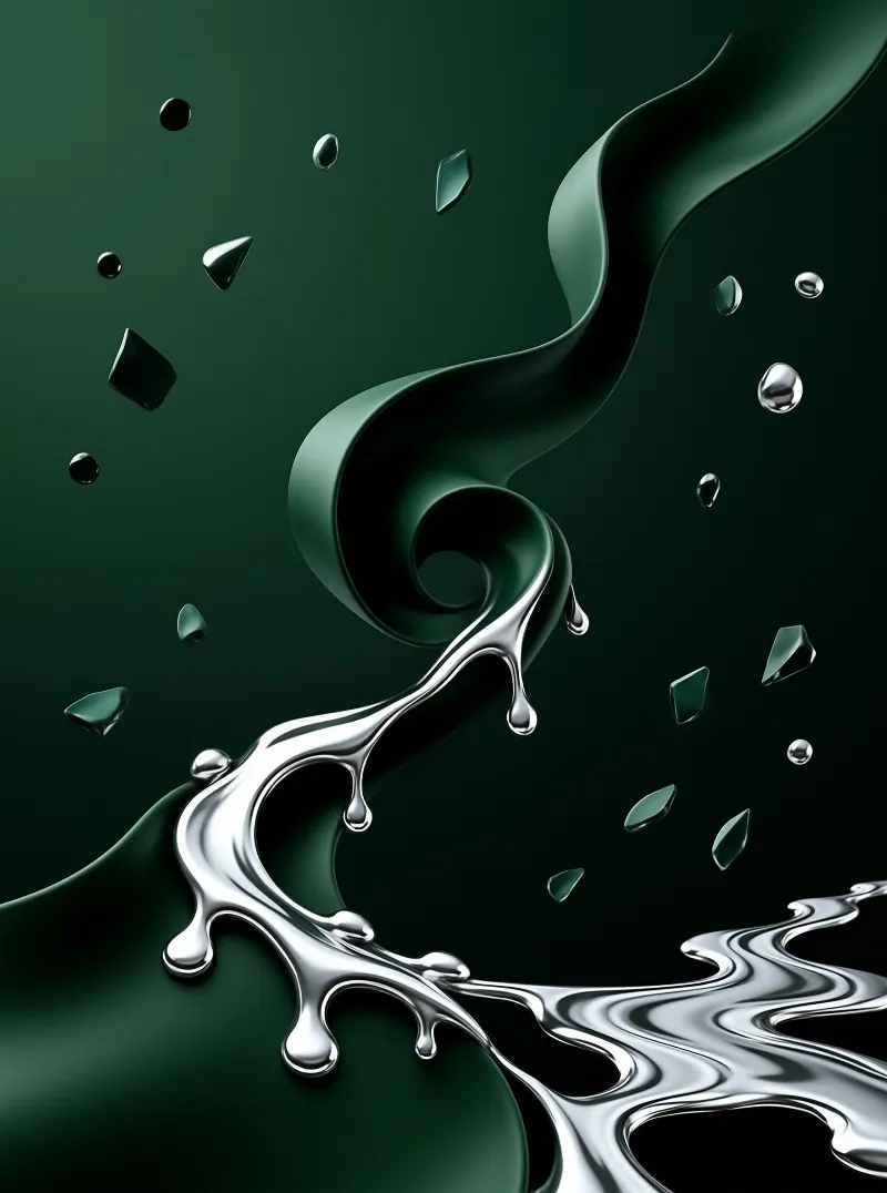 Glossy silver liquid forms a dynamic swirl surrounded by scattered geometric droplets on a dark green background.