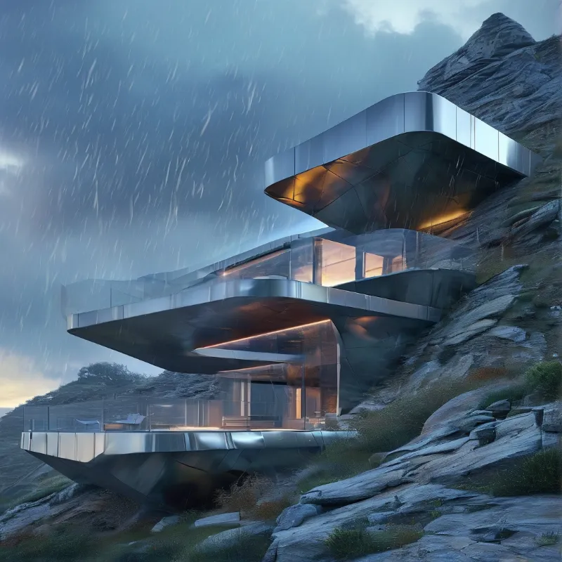 Metallic structure built into a rocky slope with warm lights visible through glass walls during a rainstorm.