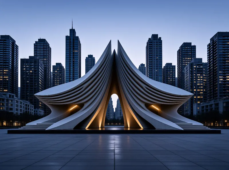 A large white organic structure with layered folds stands on a black platform in a paved plaza, illuminated by warm yellow light from within its arches while tall dark residential towers rise against a twilight blue sky.