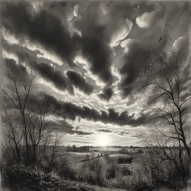 Bare trees frame a valley beneath a sky of dark clouds during sunrise