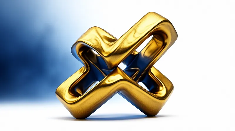A shiny metallic gold X shape rests on a white surface with a blue gradient background.