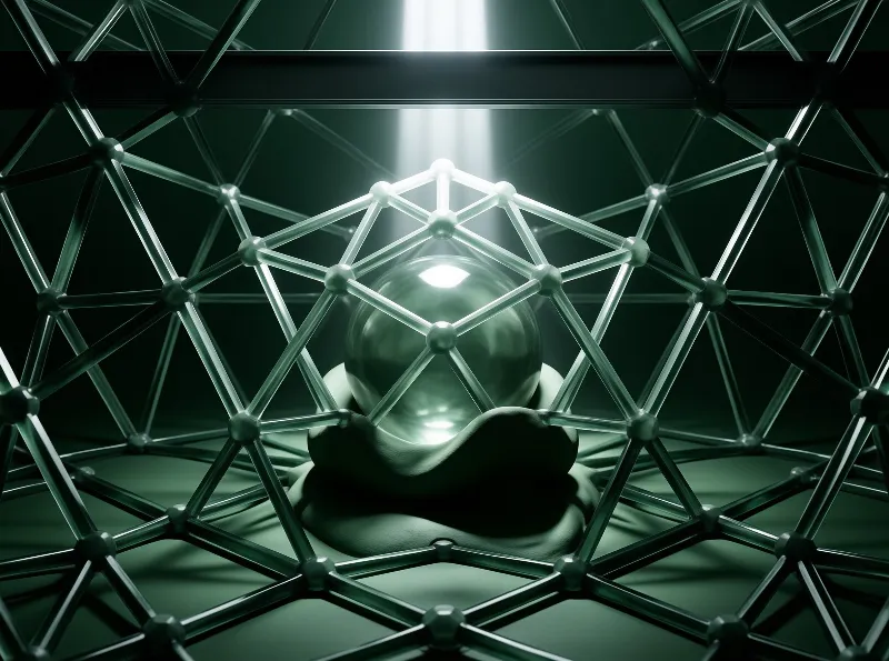 A reflective metal orb rests on a soft mound inside a glowing triangular lattice under a beam of light.