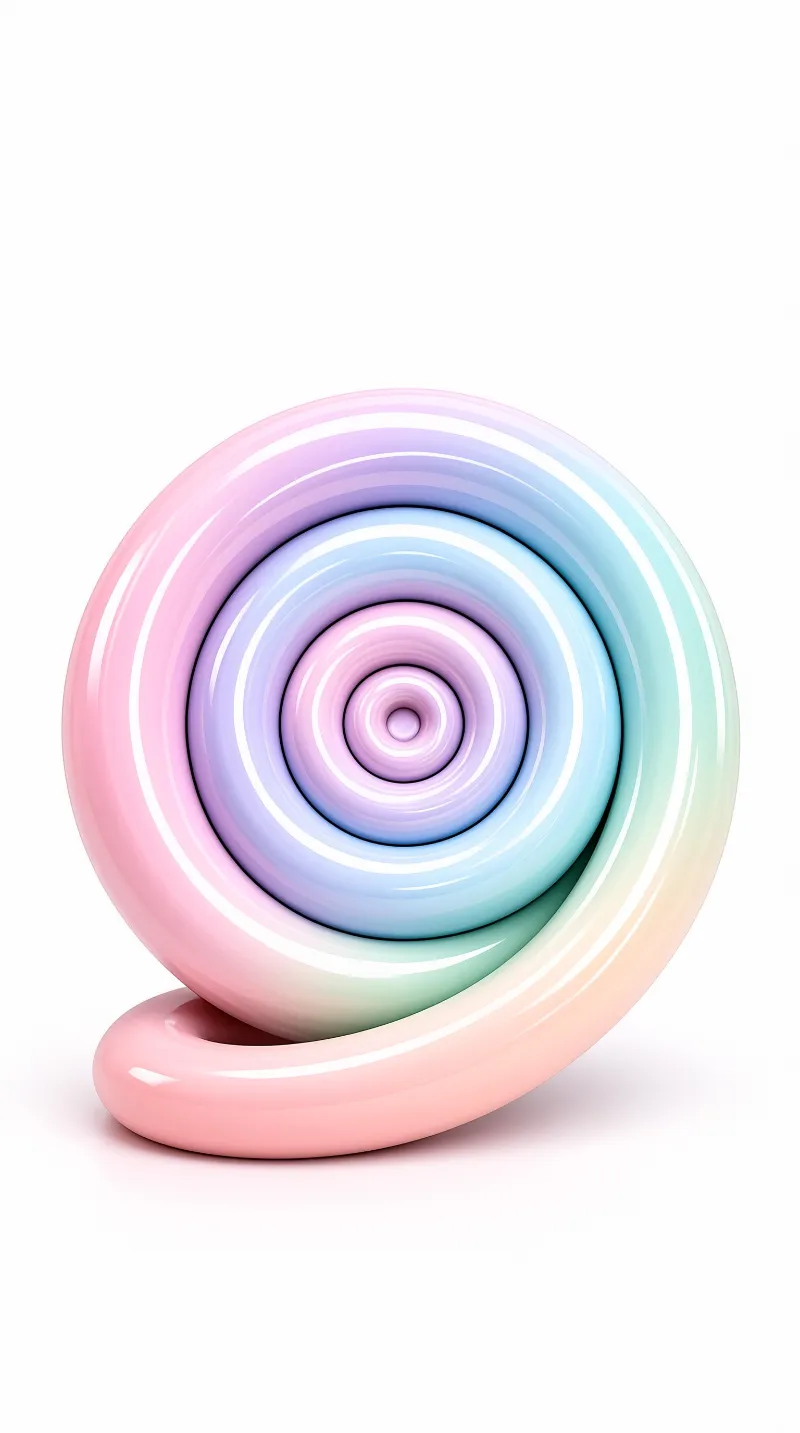 A glossy multi-colored spiral structure curves continuously while resting on a seamless white backdrop.