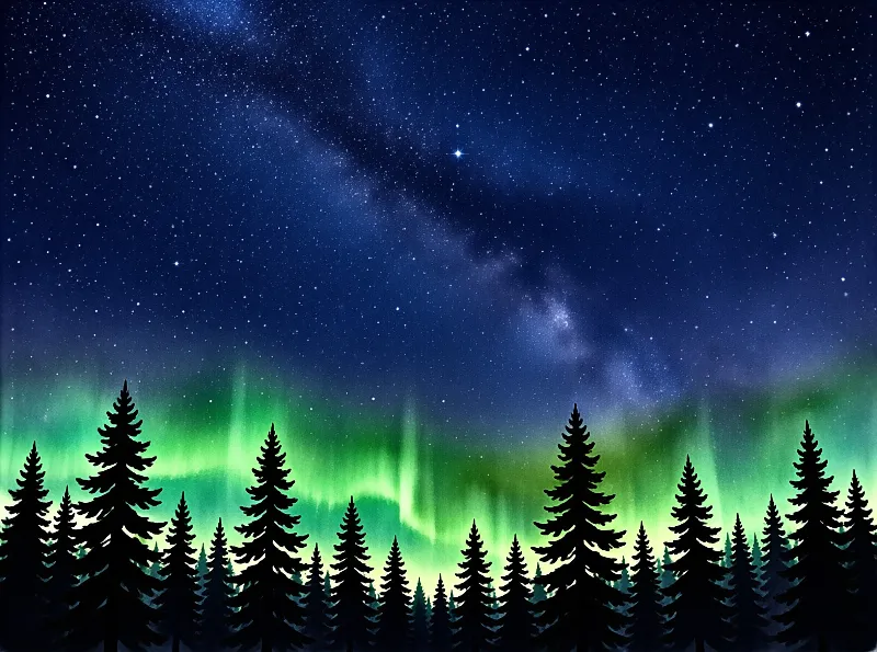 Silhouetted pine trees line the bottom while bright green northern lights dance beneath a star-filled galaxy.