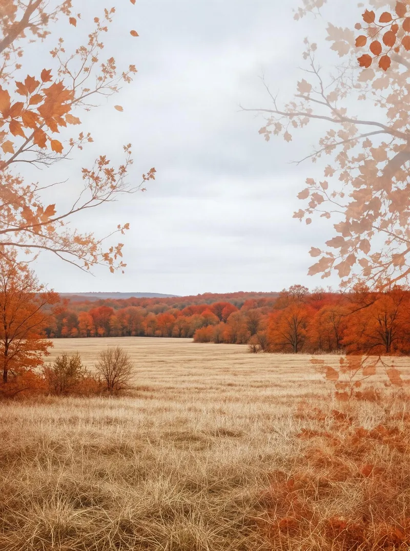 A wide grass field in autumn with golden dry grass and vibrant orange and red autumn leaves in the distance under an overcast sky.