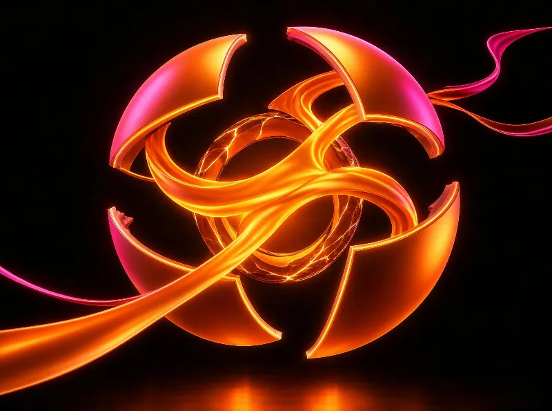 An abstract composition featuring a cracked glowing sphere encircled by arcing orange and pink ribbons, set against a black background with dynamic light effects