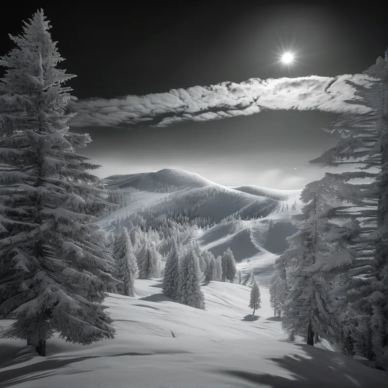 A monochrome landscape of snow-covered mountains with evergreen trees, lit by a bright sun and a dramatic cloud band.