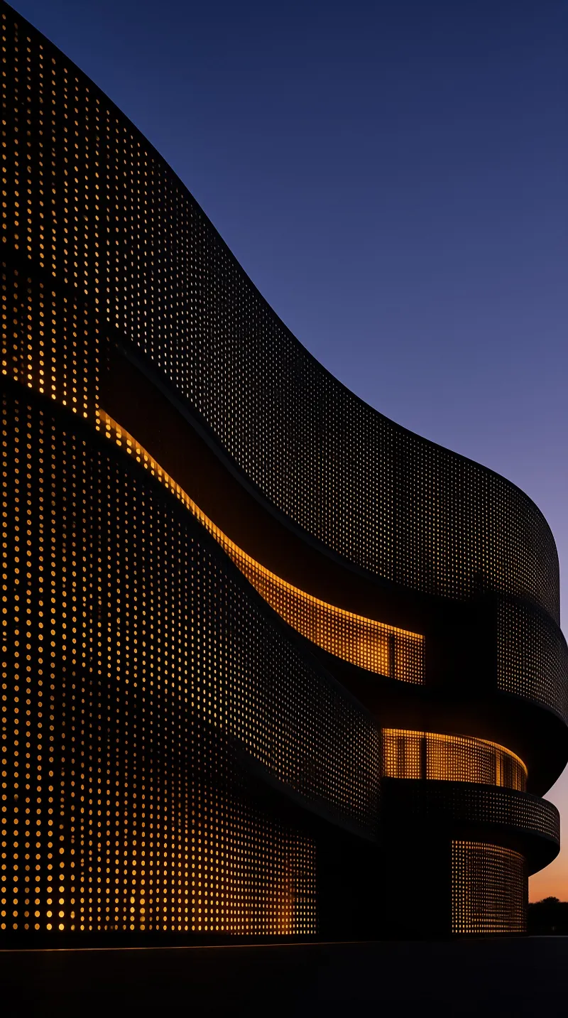 A modern building with perforated metal walls glows with warm light against a deep blue twilight sky.