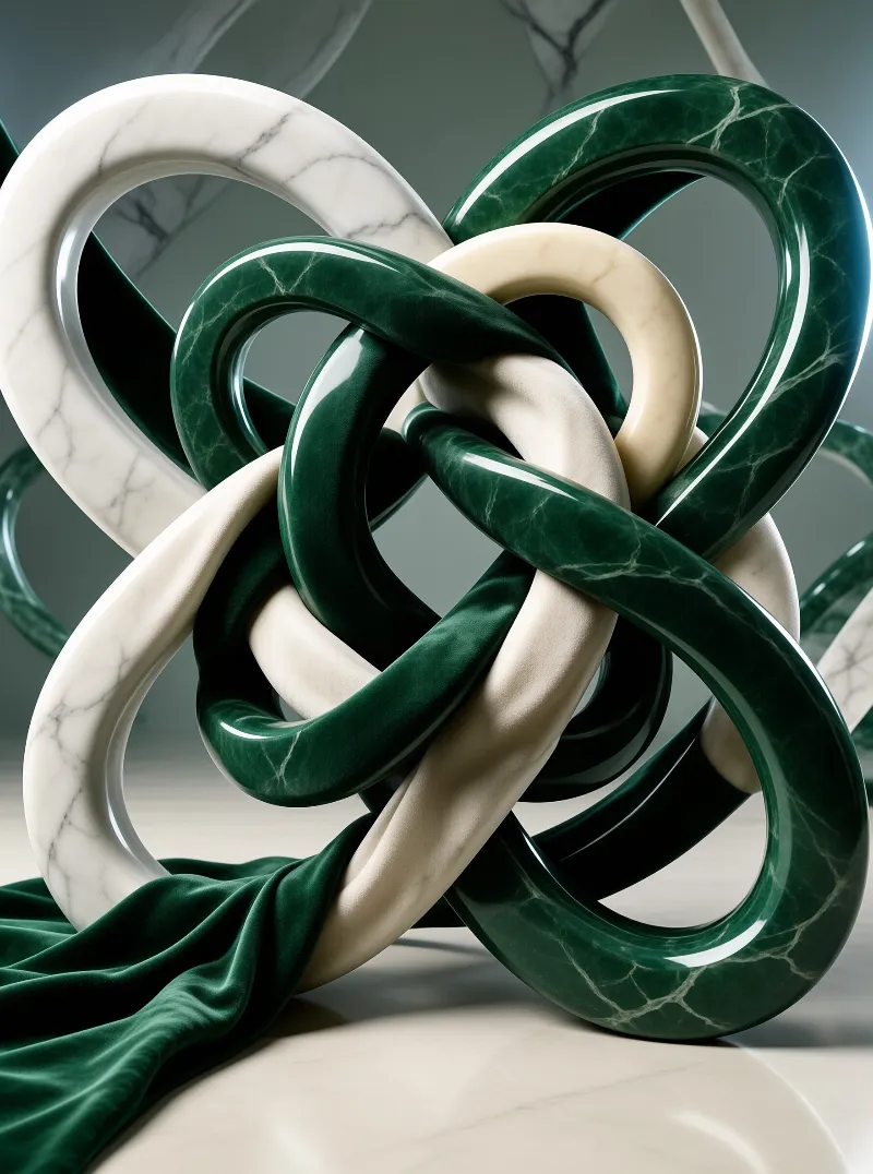 Interwoven rings of veined green stone and pale cream marble curve through one another above a swathe of plush fabric.