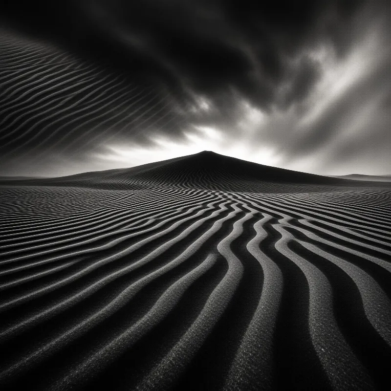 Black and white desert scene with wind-carved sand ripples leading to a pyramid dune under dark storm clouds