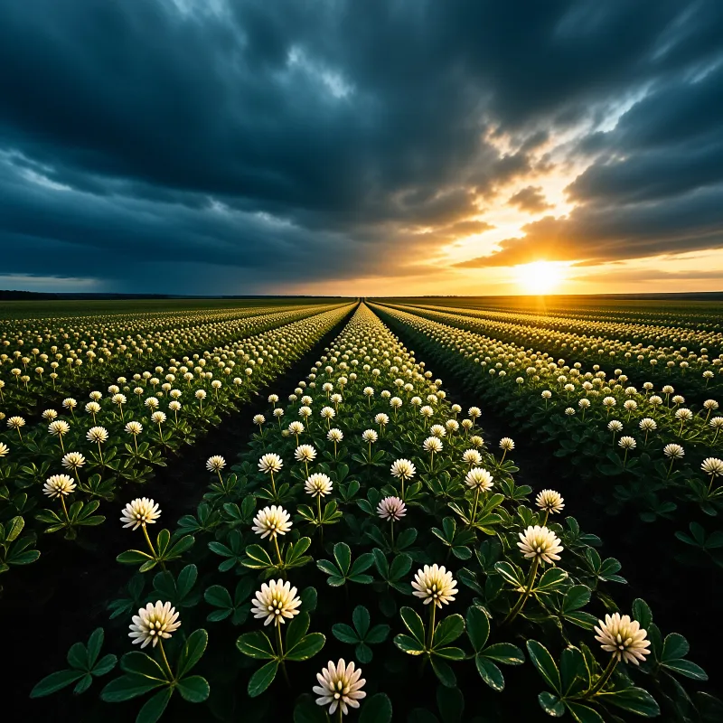 Rows of white blossoms stretch across a green field under a dramatic sky with a bright sunset.