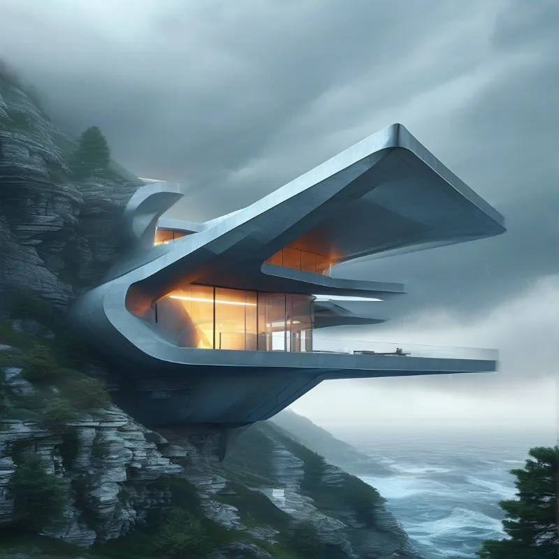 Sleek concrete building extends horizontally from the rock face with bright internal lights.