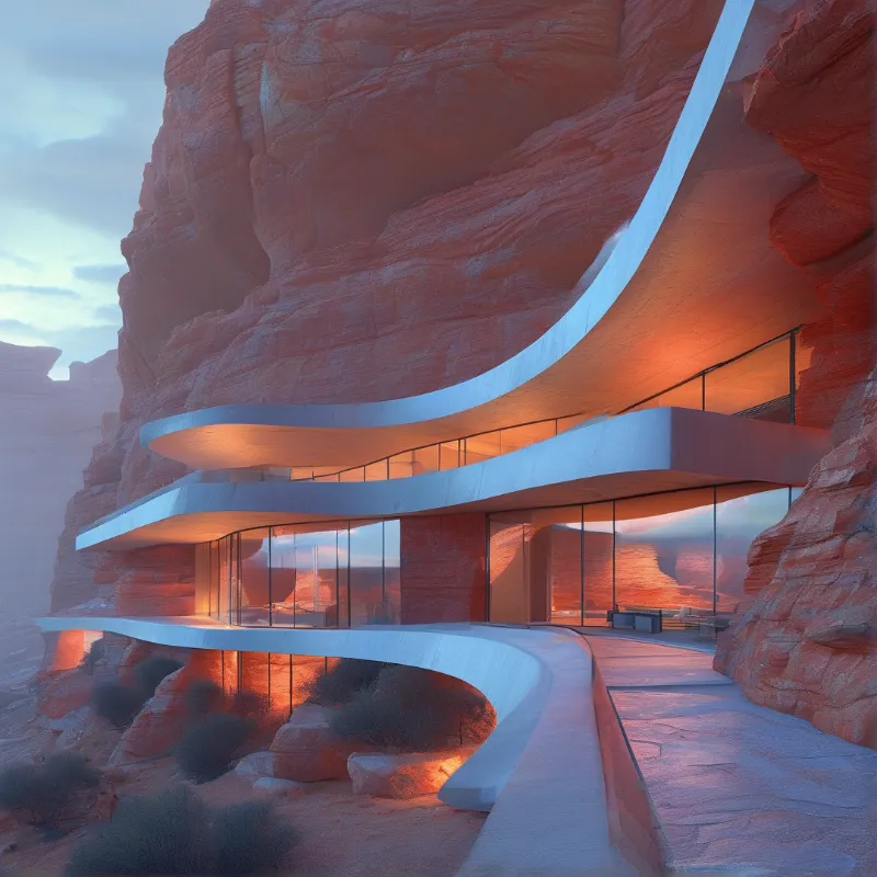Slender curved balconies stack beneath a towering red cliff, their glass walls reflecting the last warm dusk light.