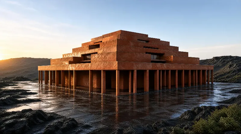 A large stepped pyramid-shaped building with a colonnade of columns stands on a wet, rocky desert surface, illuminated by warm sunset light against a backdrop of dark mountains.
