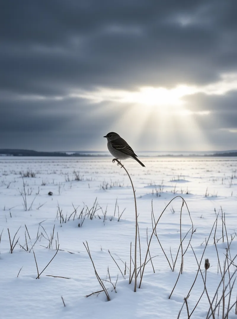 A small bird stands on a bare stalk in a snowy meadow while sunbeams cut through heavy clouds.