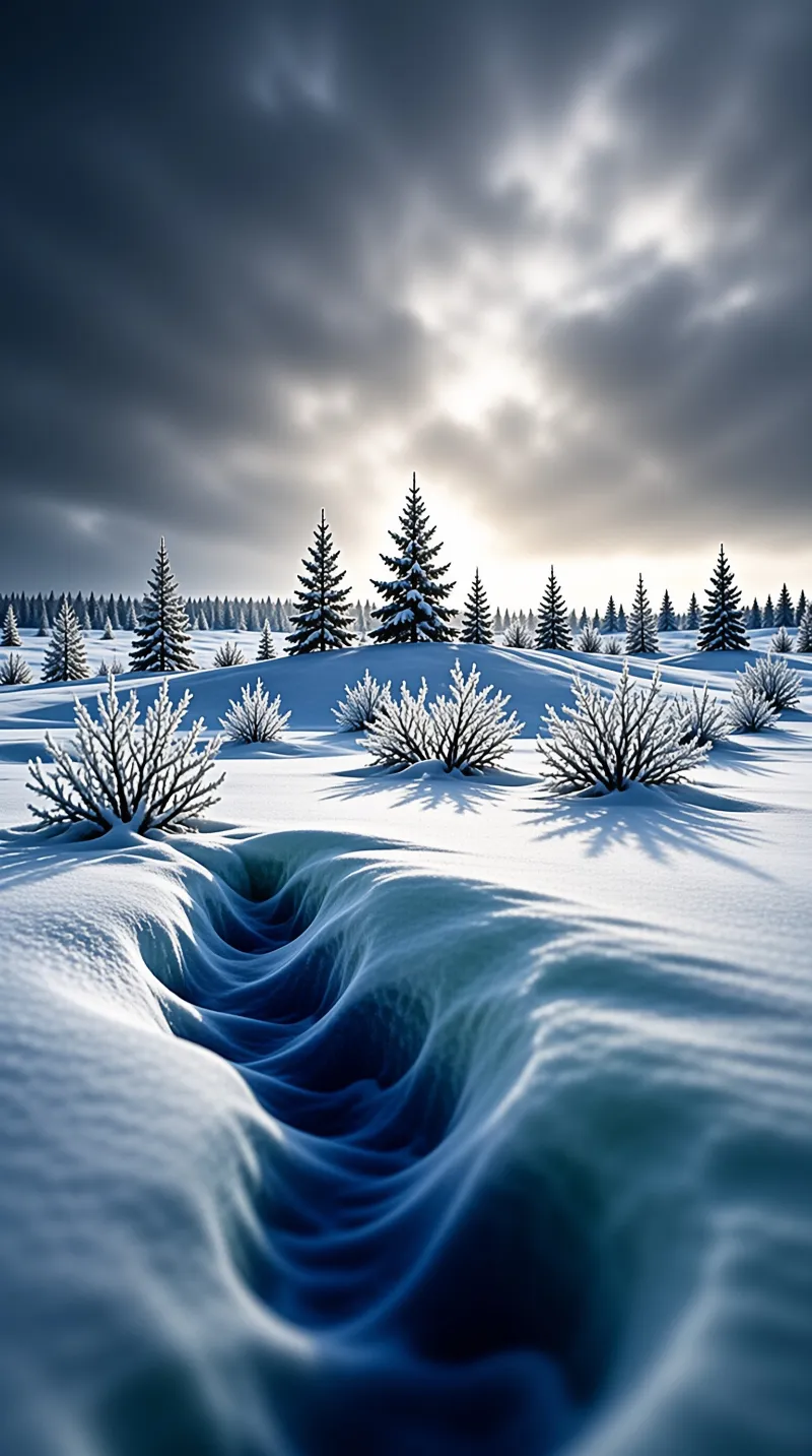 Winding snow trench leads to frosted trees under cloudy sky with bright light breaking through the horizon.