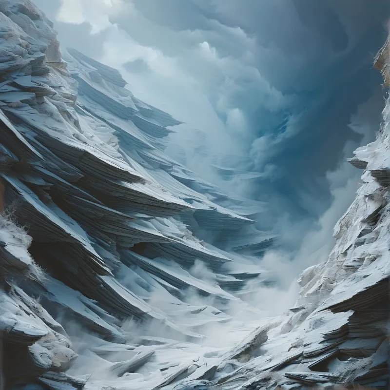 Steep strata of snow covered ice form narrow canyon walls under a low heavy overcast grey blue sky