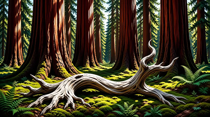 A gnarled white tree trunk lies on the mossy floor surrounded by towering redwood trees and bright sunlight.