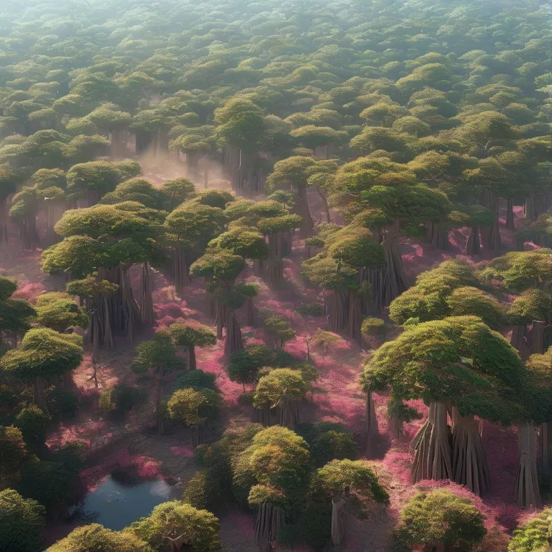 Sunlight filters through umbrella canopies onto a magenta forest floor with drifting mist and a small quiet pond.