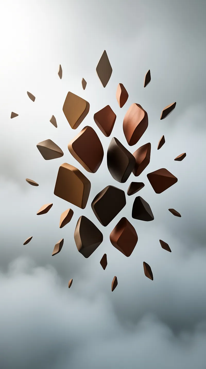 Irregularly shaped brown geometric fragments are suspended in a soft hazy grey sky lit by pale diffused light from the upper left.