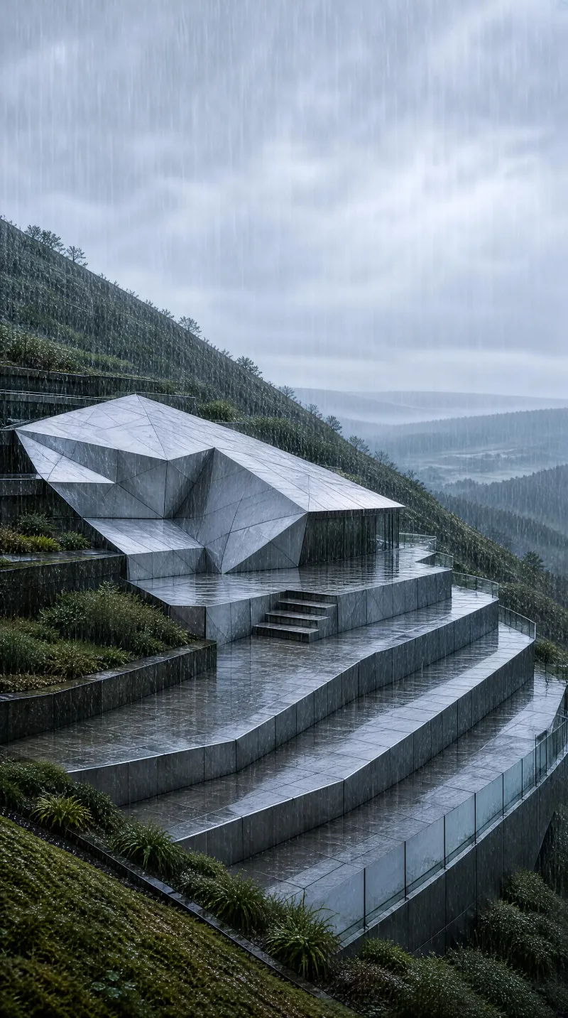 Rainy Hillside Modern Building
