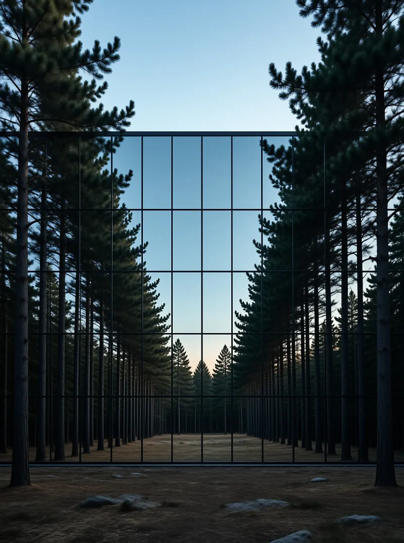 Two tall pine trees frame a modern glass grid structure set against a dense forest landscape during the cool light of early evening.