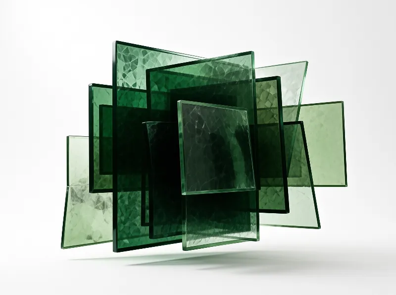 A three-dimensional cluster of translucent green glass panes arranged with visible fracture patterns under soft studio lighting