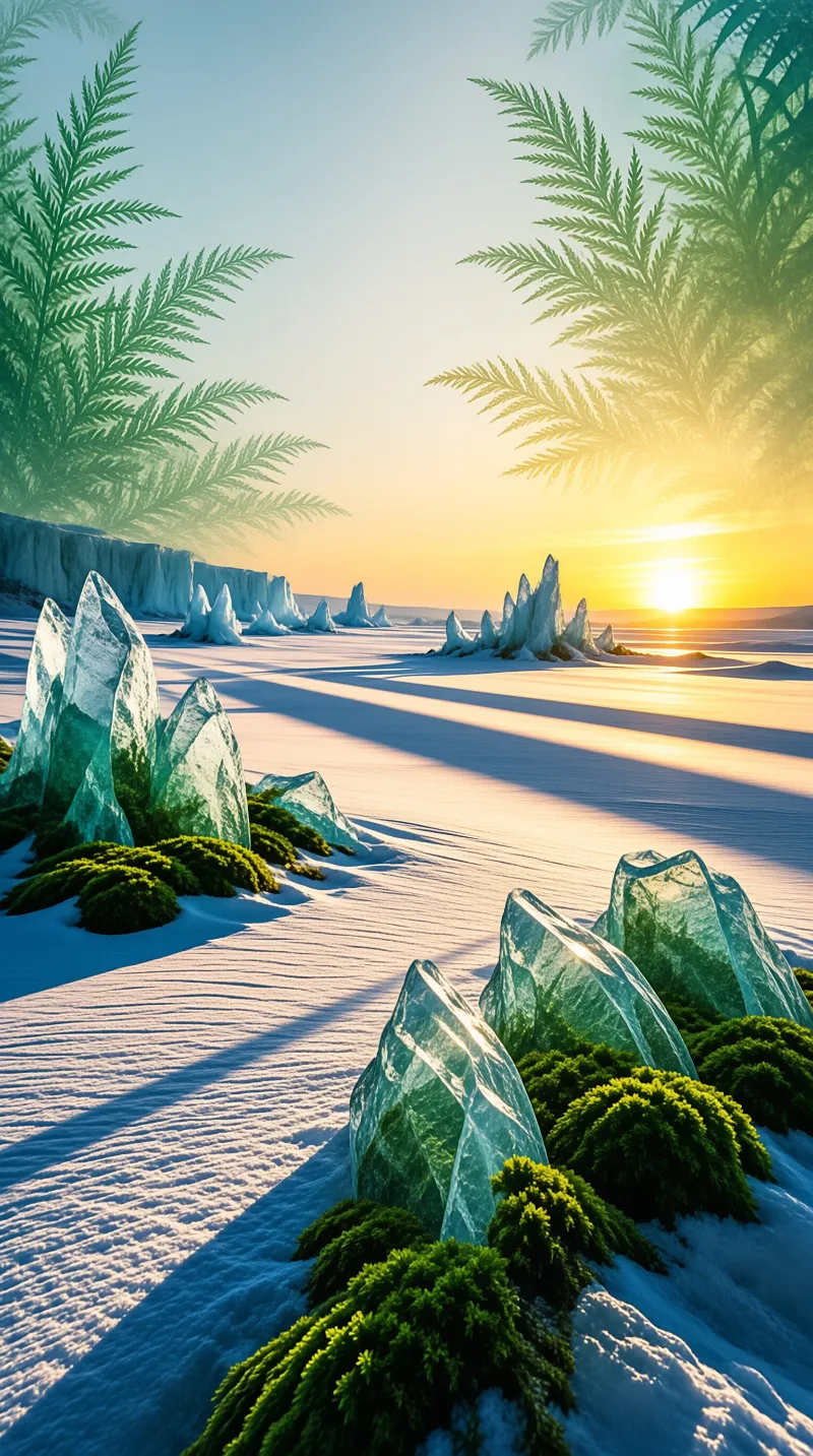 Large blue translucent rock formations rise from a white snowy ground surrounded by green bushes and tall palm trees during a bright golden sunset.