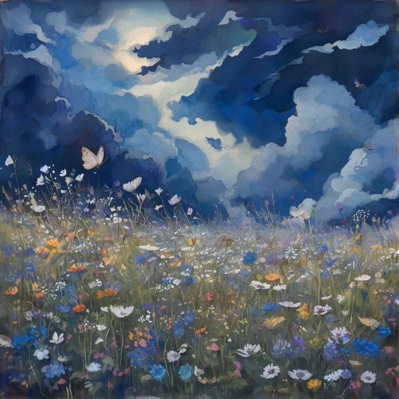 A field of wildflowers sits beneath a dramatic blue sky with swirling clouds, while butterflies drift near the blooms.