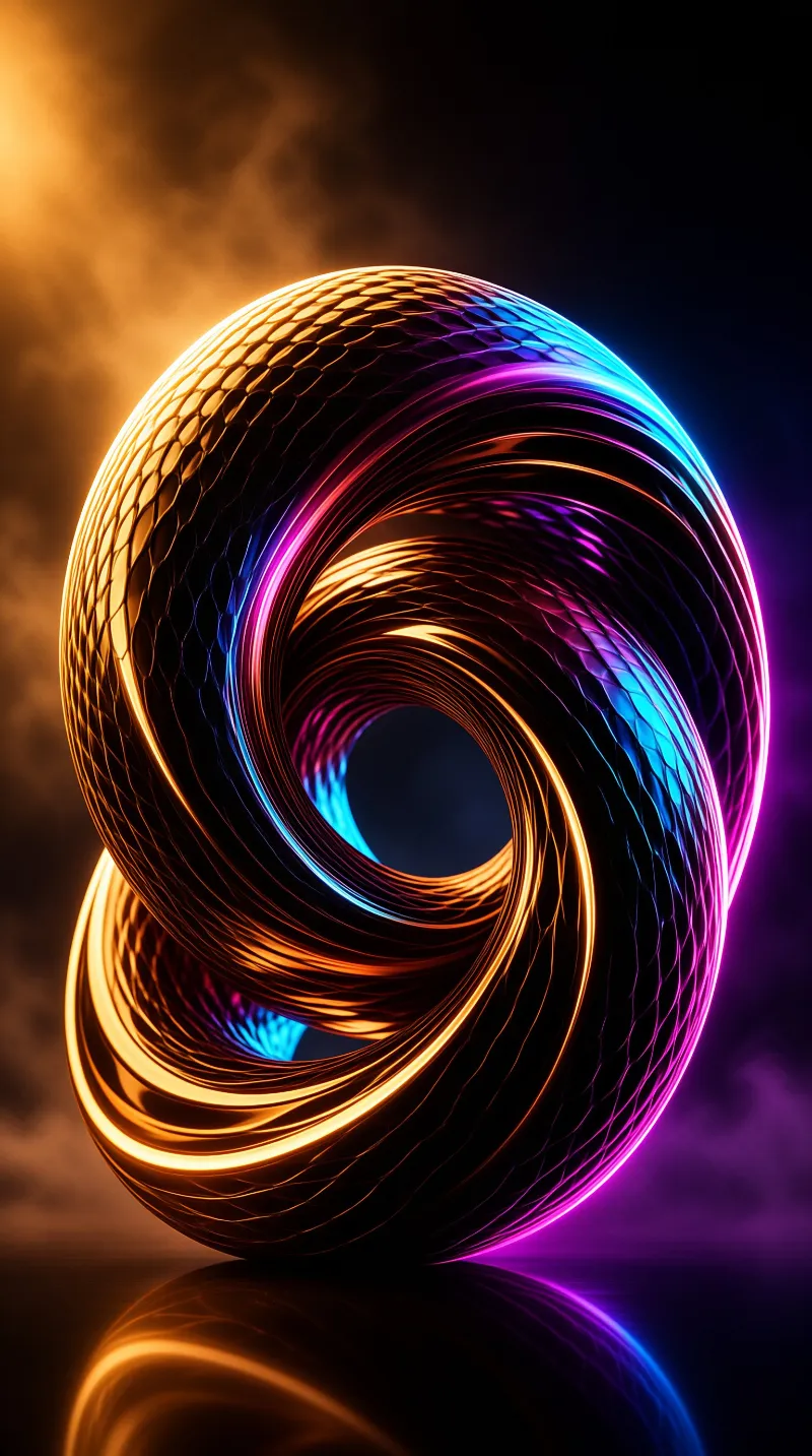A twisted metallic ring floats in dark smoke, glowing with orange and purple neon light reflecting on the surface below.