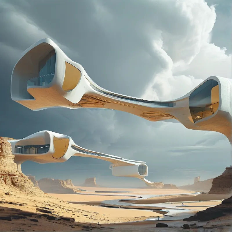 Futuristic white pod structures hover above a desert canyon beneath dramatic storm clouds.