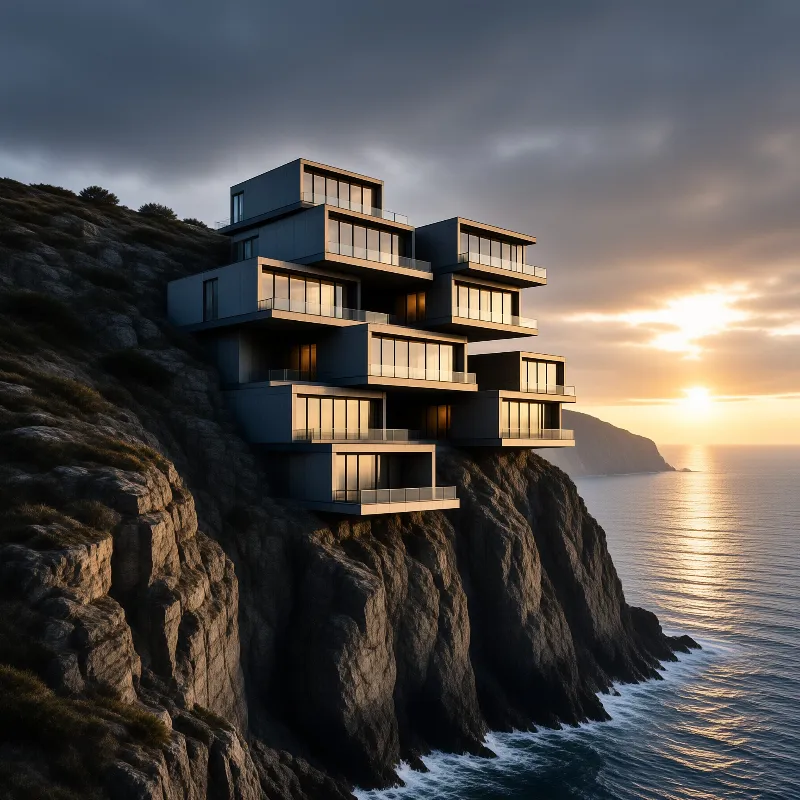Cantilevered glass boxes cascade down a rocky sea cliff, their windows lit gold as the sun drops into the ocean.