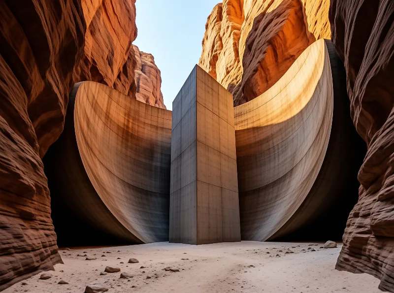 A sculptural curved concrete form stands at the base of towering orange canyon walls under daylight.