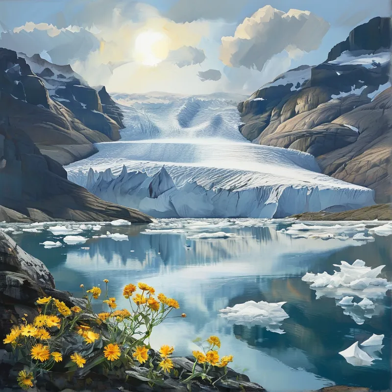 Yellow wildflowers bloom on rocky ground as a glacier spills into a calm lake between steep mountains.