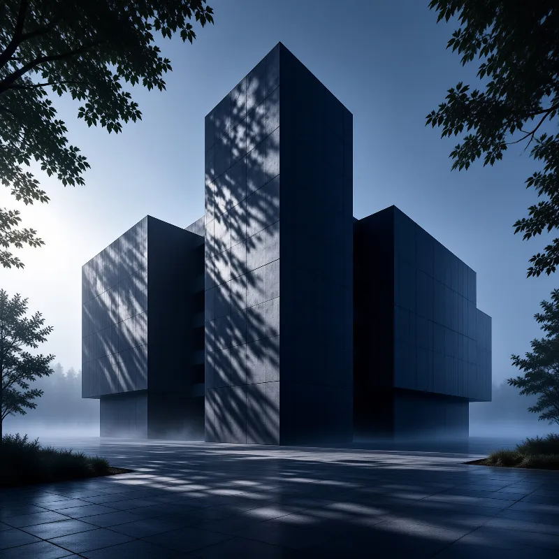Three blocky concrete volumes rise above ground-level haze at first light, with dappled leaf shadows across their faces and paved forecourt.