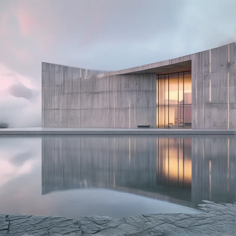 A sweeping curved concrete facade with a tall glowing glass opening mirrors in a calm reflecting pool at pastel dawn.
